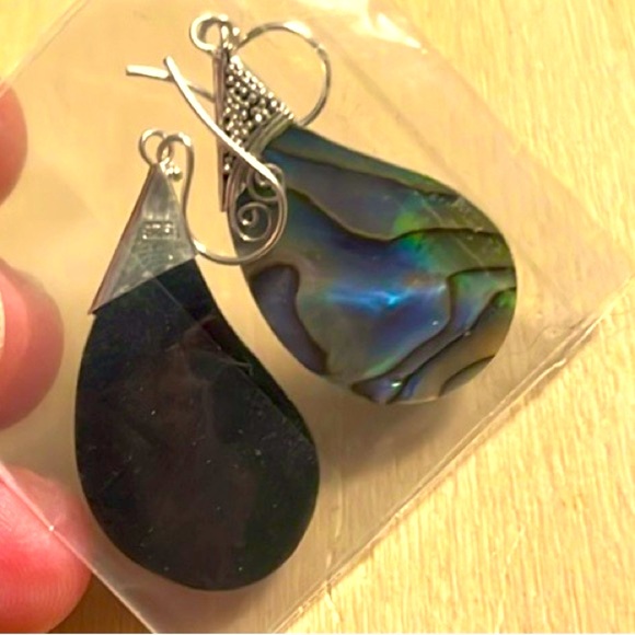 NEW! 🐚🏝️ .925 STAMPED STERLING SILVER GENUINE ABALONE SHELL DROP EARRINGS - Picture 4 of 5
